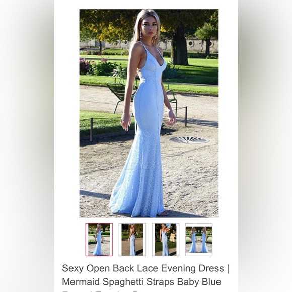 Open back lane evening prom dress mermaid style spaghetti straps baby blue - Picture 3 of 6